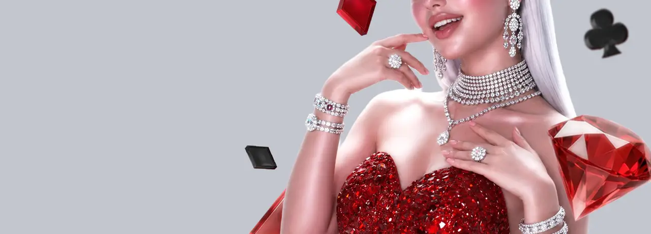 Platinum Play offer art: a woman in a red crystal dress with diamond jewellery, card-suit shapes around her